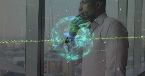Businessman by Window Analyzing Data with 3D Globe Overlay