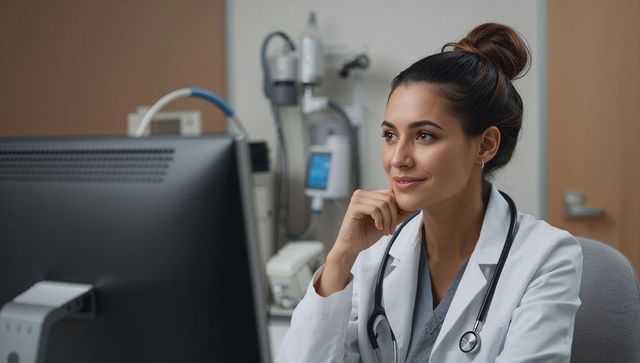 Female physician reviewing electronic health records on clinic computer with stethoscope