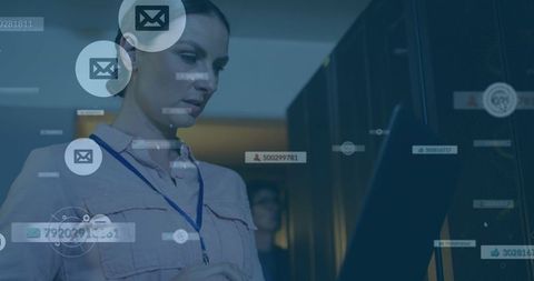 Engineer Managing Server Room with Cloud Overlay Elements