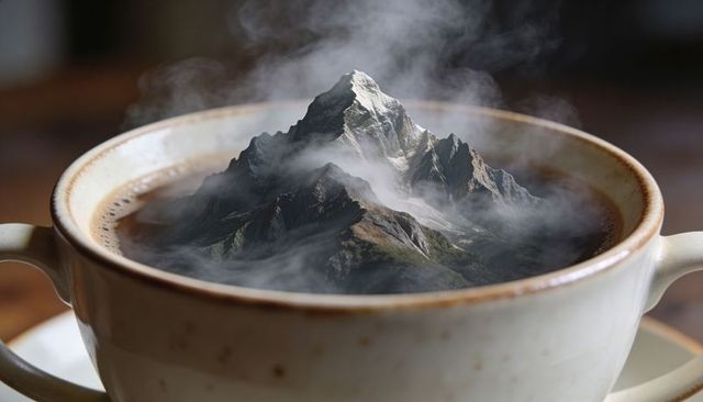 Steaming coffee cup with miniature mountain peaks rising from dark brew, surreal landscape