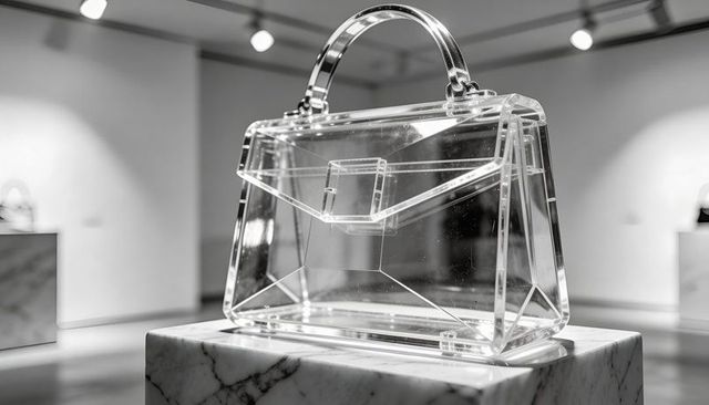 Clear acrylic handbag on marble plinth in minimalist gallery under spotlights