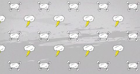 Playful thundercloud pattern with yellow lightning bolts and doodle puff icons on gray