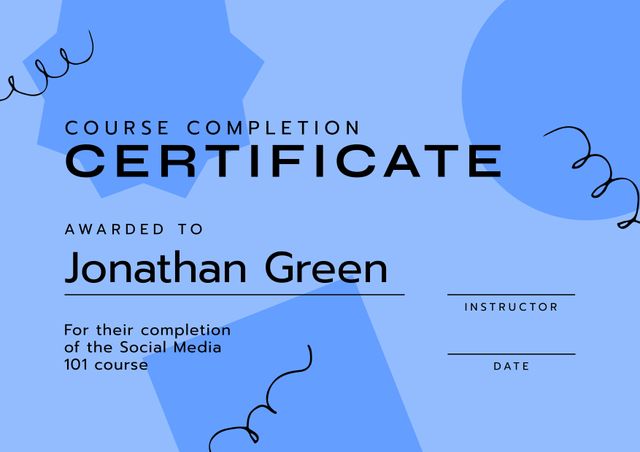 Composition of course completion certificate text over pattern on blue background. Certificates and documents concept digitally generated image.