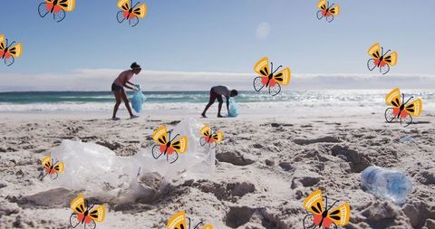 Volunteers engaged in beach clean-up with butterfly illustrations