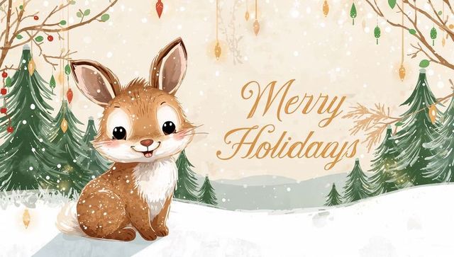 Cute Bunny Sitting on Snowy Hill Holiday Illustration with Hanging Ornaments and Merry Holidays