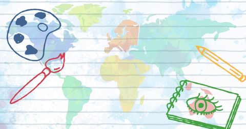 Art and education symbols overlaying colorful world map