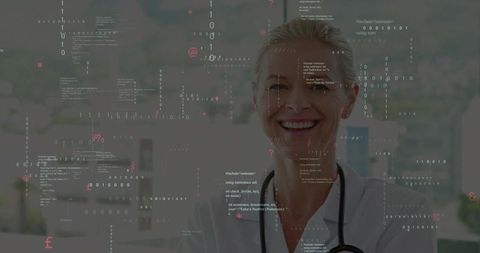 Smiling Doctor in Futuristic Digital Workspace