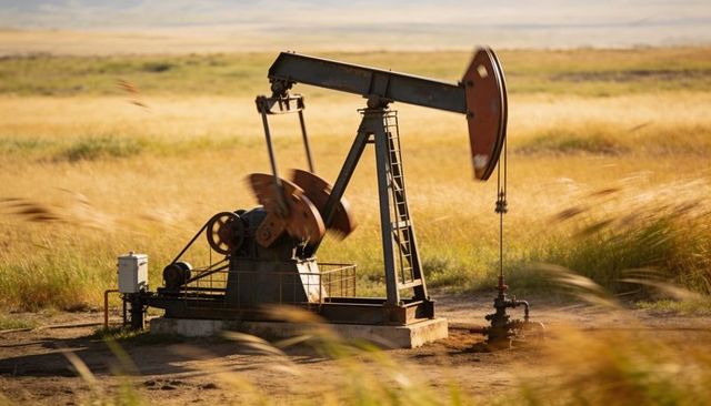 Weathered oil pump jack operating in golden grassland at sunset, rural energy scene