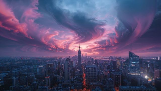 Vibrant Urban Skyline with Dramatic Twilight Clouds