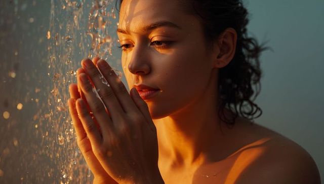 Sunlit shower portrait of woman holding cupped hands, golden water droplets on skin