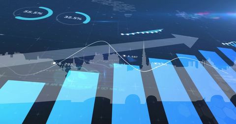 City skyline with financial data overlay illustrating market trends