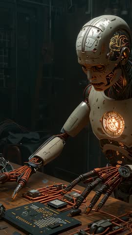 Vertical video: Humanoid robot scanning and repairing circuit board in cyber lab