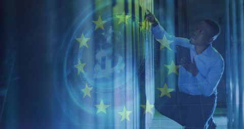 Innovative Man Utilizes Technology in Server with EU Flag Overlaid - Download Free Stock Images Pikwizard.com