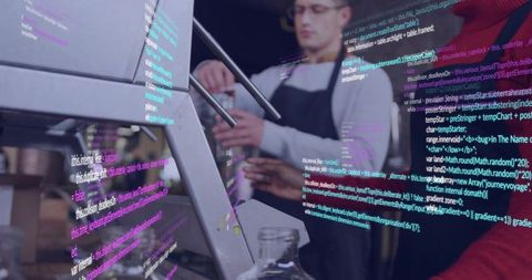Barista operating espresso machine behind pastry case with digital code overlay and neon hud