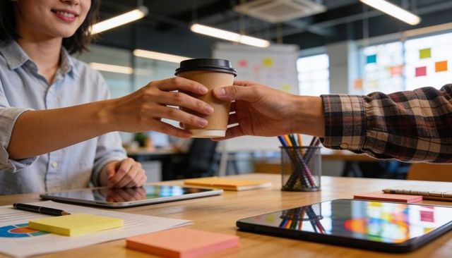 Coworkers sharing coffee during creative office meeting
