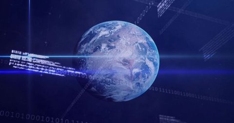 Rotating Earth Globe Streaming Binary Code with Futuristic HUD and Data Beams