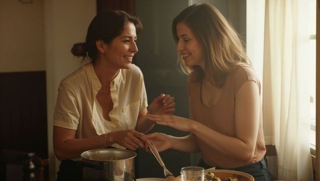 Two women cooking together at sunlit kitchen table sharing warm, intimate moment