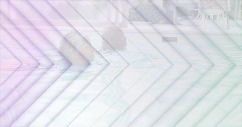 Senior couple chatting in pool with pastel chevron overlay, summer leisure and wellness