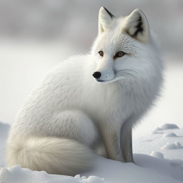 Arctic fox with white fur is sitting on snowy terrain, showcasing nature winter beauty. This well-captured scene can be used in wildlife documentaries, nature blogs, or educational materials related to arctic animals and their environments. Ideal for posters or nature-themed presentations highlighting the serenity and resilience of arctic wildlife.