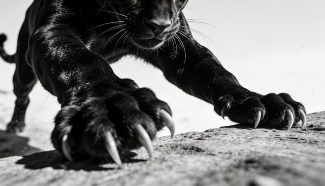 Black panther clawing rock low angle close-up dramatic monochrome forepaws extended claws