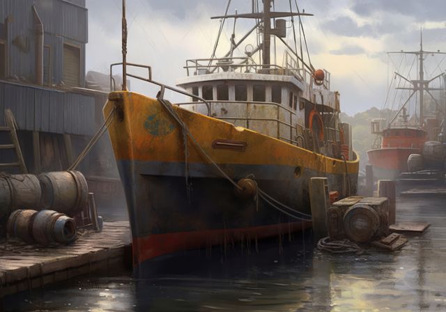 Cargo boat in shipyard port, created using generative ai technology - Download Free Stock Photos Pikwizard.com
