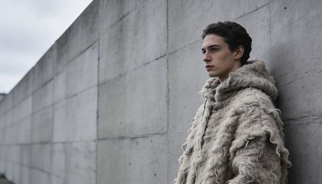 Brooding man in textured shaggy hooded coat leaning on concrete wall under overcast sky
