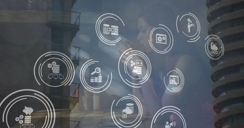 digital economy icons overlay with woman drinking coffee - Download Free Stock Images Pikwizard.com