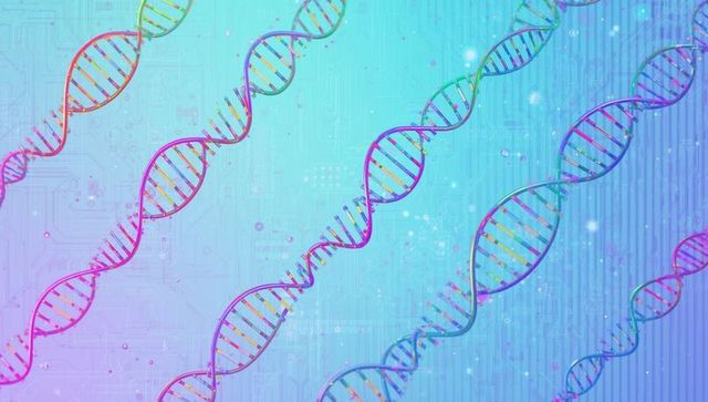 Neon Rainbow DNA Strands on Futuristic Biotech Background