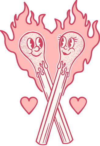 Whimsical matchsticks forming heart shaped flame transparent background