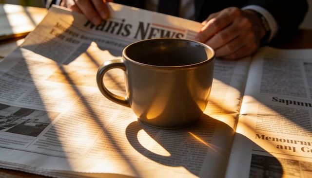 Morning ceramic coffee cup on broadsheet, executive hands turning newspaper in warm sunlight