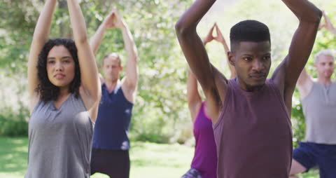 Diverse Group Practicing Yoga Outdoors in Park Setting