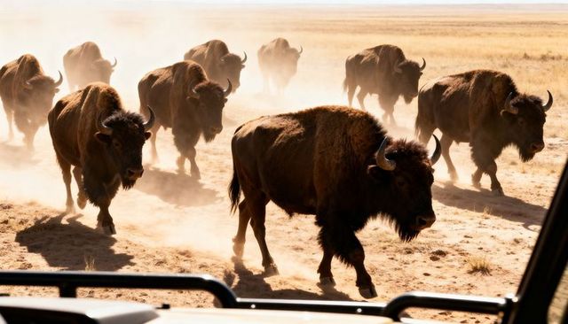 Herd of american bison charging past safari vehicle on dusty plains at golden sunset