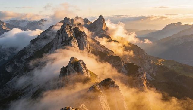 Sunlit mist draping jagged mountain ridge at sunrise with craggy peaks