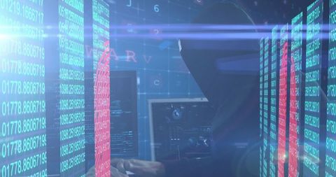 Hooded Hacker Engaging in Cyber Activity Against Digital Code Backdrop - Download Free Stock Images Pikwizard.com