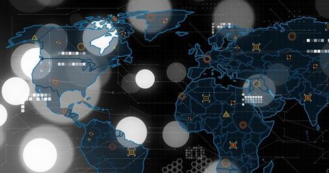 Stylized World Map with Digital Interface and Data Visualization