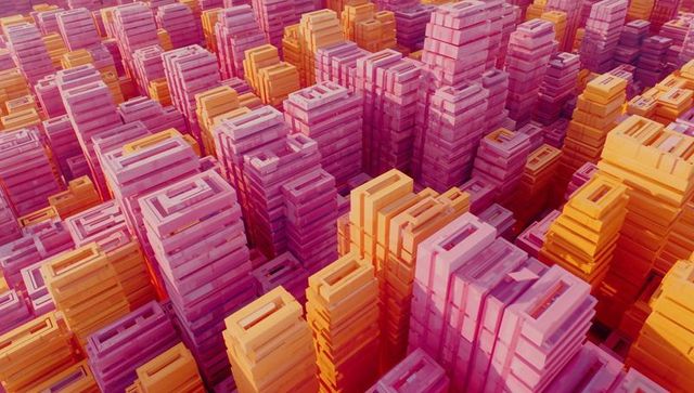 Vibrant geometric digital cityscape with rectangular prism towers