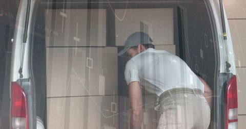 Delivery Worker Loading Packages with Financial Data Overlay