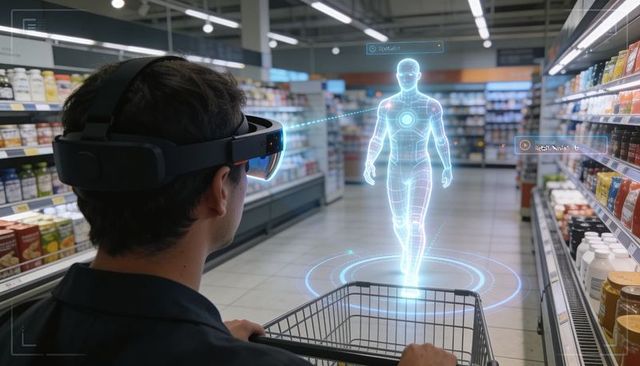 Man Wearing MR Headset Shopping with Holographic Assistant Guiding in Grocery Aisle