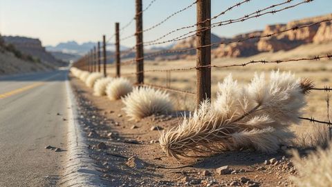 Rustic desert road with barbed wire fence and tumbleweed