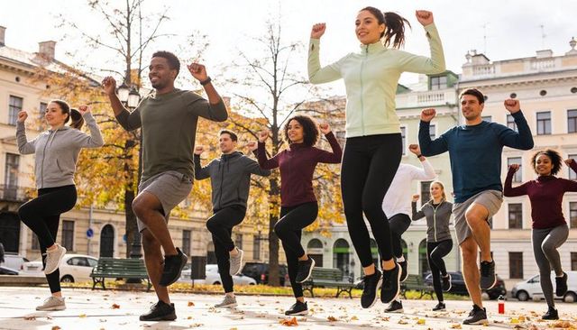 Outdoor autumn fitness class led by woman in light green jacket jumping on urban plaza