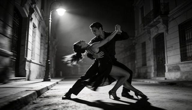 Moonlit tango dip on empty urban street under streetlamp — dramatic black and white romance