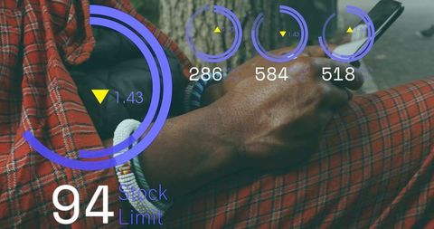 Man holding smartphone wearing red plaid and beaded bracelets with futuristic hud overlay