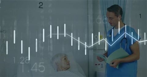 Doctor in blue scrubs monitoring elderly patient in hospital room