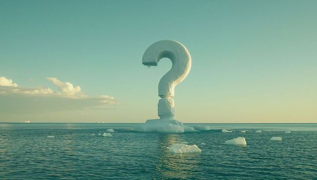 Floating ice sculpture shaped as question mark in tranquil sea
