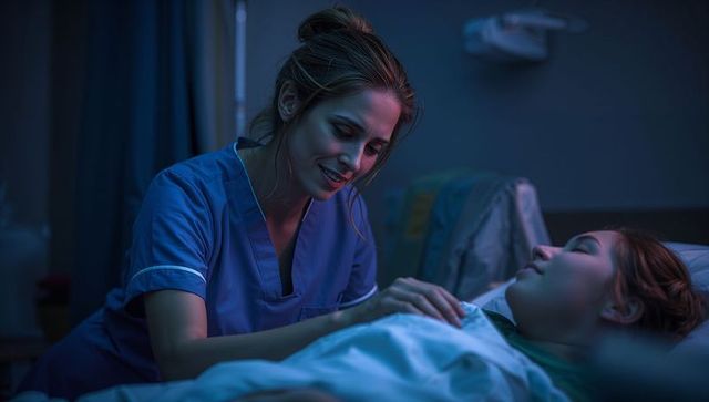 Compassionate Nurse Adjusting Blanket in Dimly Lit Hospital Ward