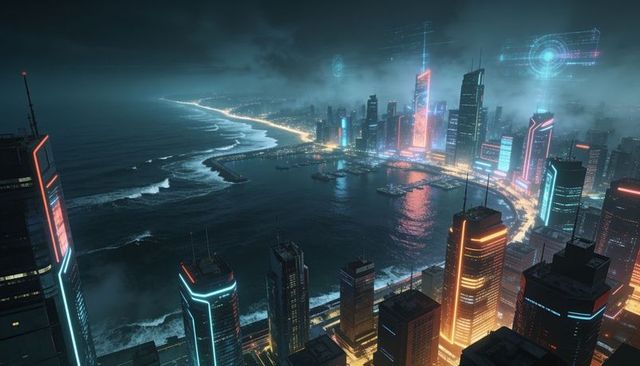 Rooftop view glowing neon coastal megacity at night with ar highway and harbor reflection