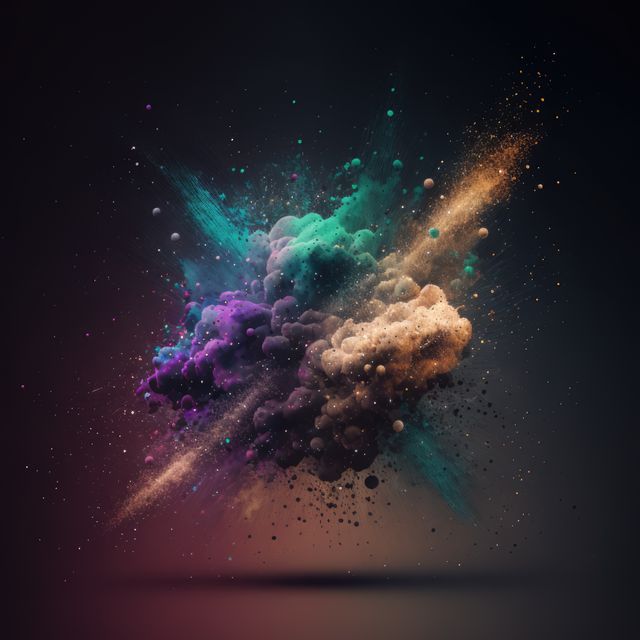 This digital art features a vibrant, colorful explosion of paint-like clouds set against a dark background. Perfect for use in modern art showcases, creative design projects, digital backgrounds, or as striking elements in graphic design.