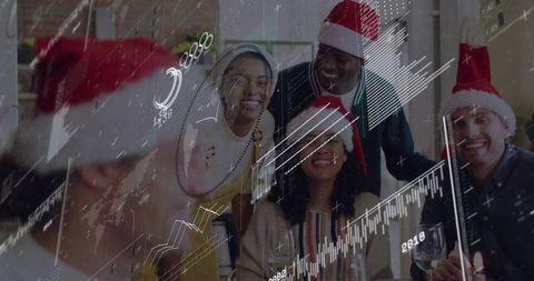 Office Holiday Team Celebrating with Santa Hats and Business Data Visualization Overlay