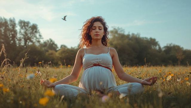 Pregnant woman meditating in sunlit wildflower meadow calming maternity mindfulness