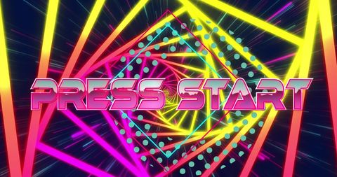 Retro neon press start animation with colorful tunnel